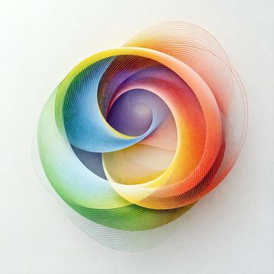 The primary subject of the image is a colorful, abstract artwork featuring a spiral design. The artwork is displayed on a white background, which emphasizes the vibrant colors and patterns. The visual style of the image is a combination of digital art and illustration, creating a unique and eye-catching piece. The dominant colors in the artwork are yellow, blue, and red, which contribute to a lively and energetic atmosphere.